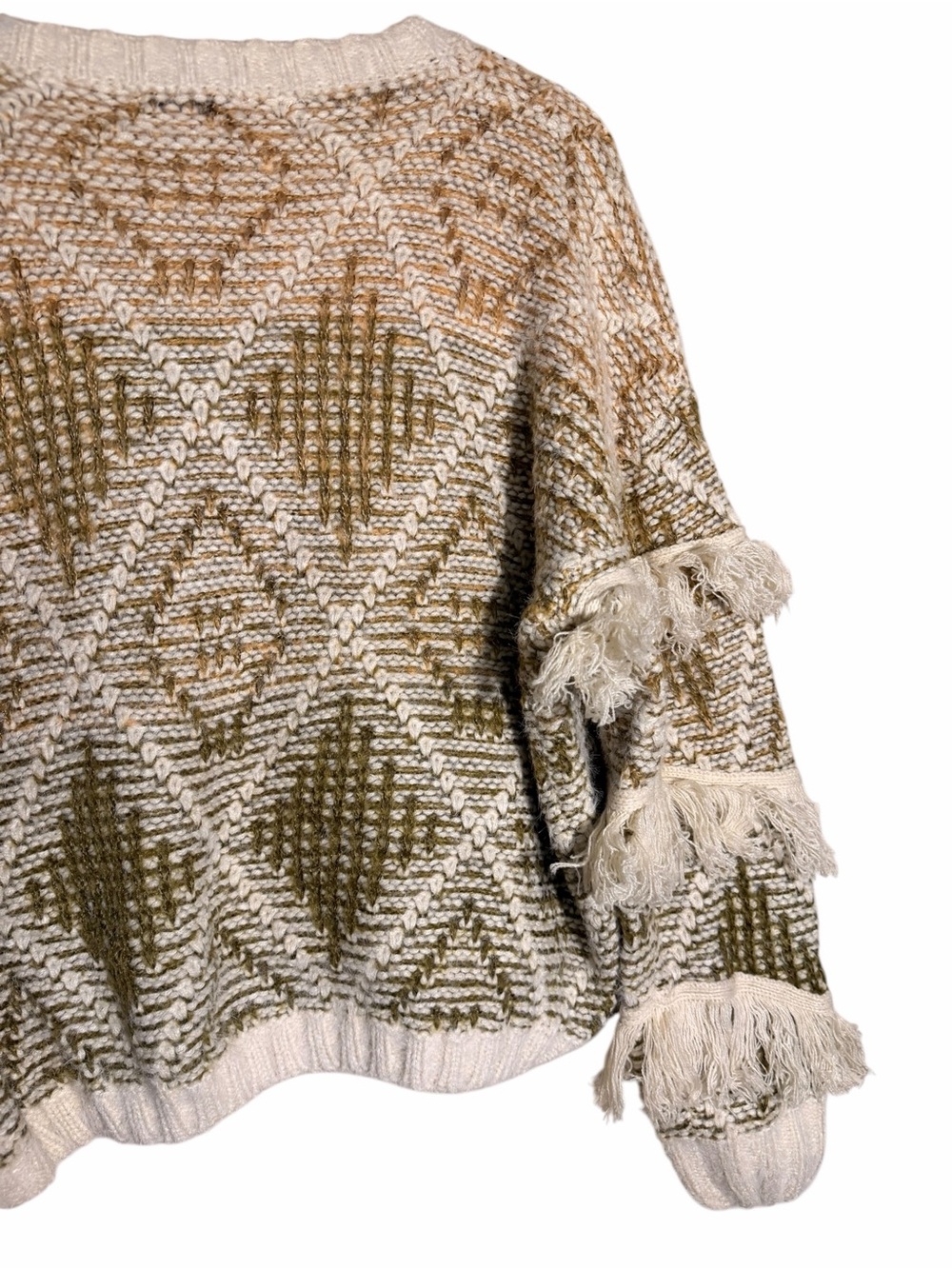 Sadie & Sage Olive and Cream Fringe V-Neck Sweater - Picture 7 of 9